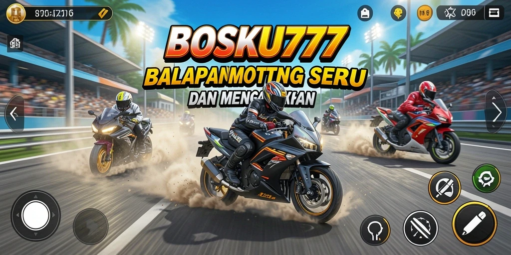 Screenshot main game BOSKU777 menampilkan aksi balapan motor yang intens.